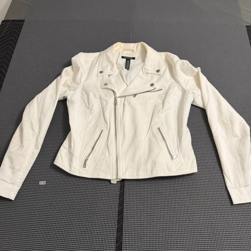 Lauren Ralph Lauren Womens White Denim Moto Jacket Stretch Cotton Size 10